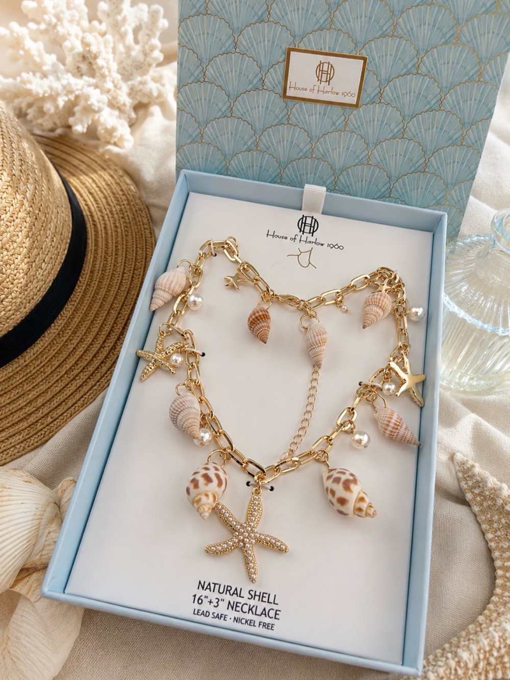 House of Harlow 1960 Gold Tone Shell & Starfish Charm Necklace - Cream, Tan